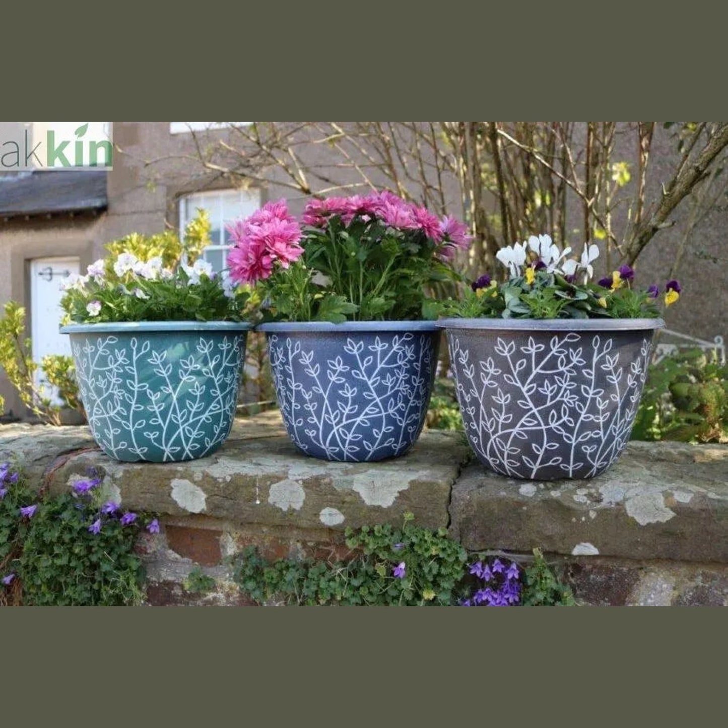 12 Serenity Bowl Decorative Plant Pot Black with Gree Wash Leaf - AK Kin Garden Supplies