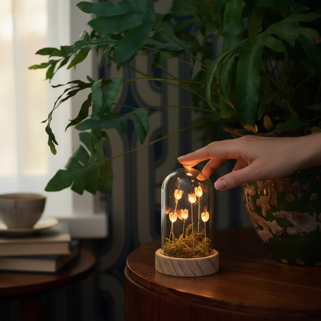 Flora Wonderland Indoor Decor Light Glass Wood Freestanding Ornament 14cm Battery Powered 6 Warm White LEDs Timer