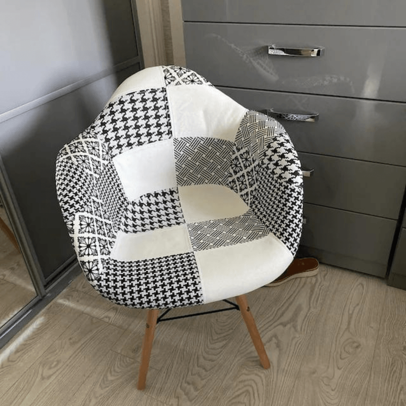 5PCs Dining Set - a White Halo Dining Table & Set of 4 Black/White Patchwork Accent Chairs PN Home