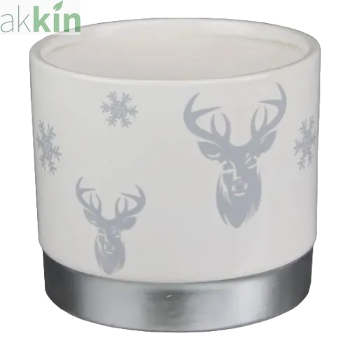 Ceramic Planter With Stag & Silver Base 13cm White AK Kin Garden Supplies