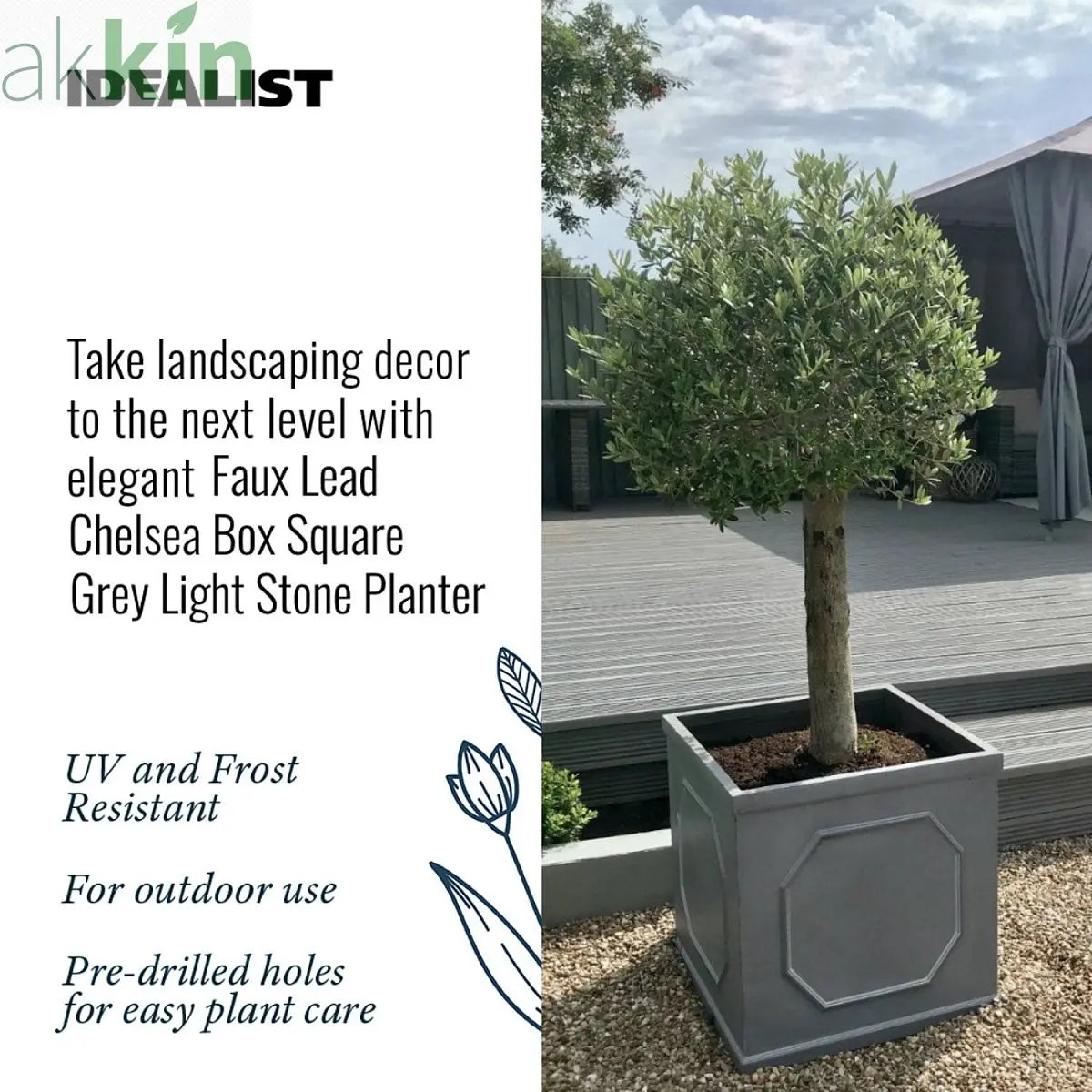 IDEALIST Lite Chelsea Flower Box Square Garden Planter, Faux Lead Light Stone Outdoor Plant Pot W30 H30 L30 cm, 27L One Click Plants