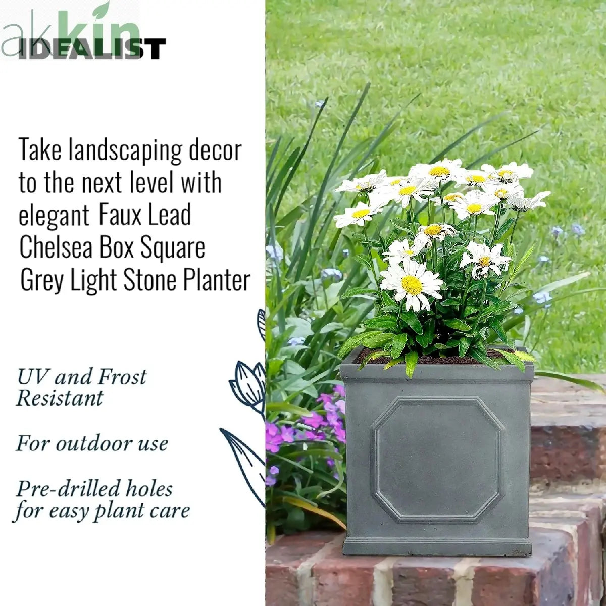 IDEALIST Lite Chelsea Flower Box Square Garden Planter, Faux Lead Light Stone Outdoor Plant Pot W22 H22 L22 cm, 11L One Click Plants