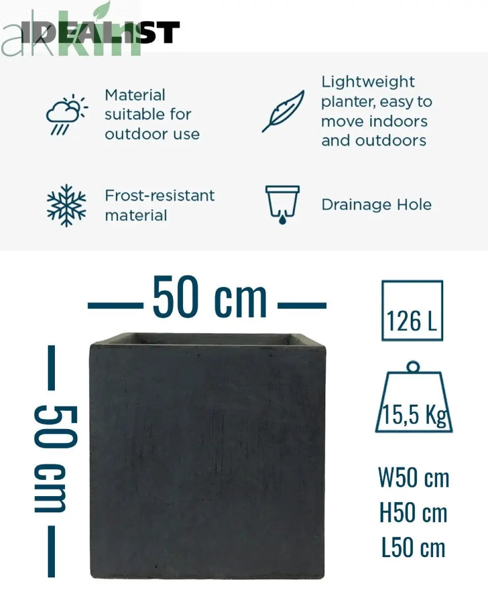 IDEALIST Lite Contemporary Flower Box Square Garden Planter, Faux Lead Light Concrete Outdoor Large Plant Pot H50 L50 W50 cm, 126L One Click Plants