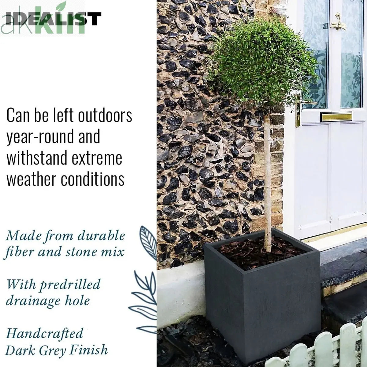 IDEALIST Lite Contemporary Flower Box Square Garden Planter, Faux Lead Light Concrete Outdoor Large Plant Pot H50 L50 W50 cm, 126L One Click Plants