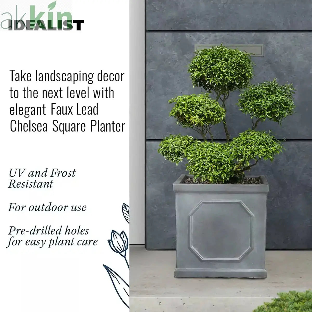 IDEALIST Lite Chelsea Flower Box Square Garden Planter, Faux Lead Light Stone Outdoor Plant Pot W37 H38 L37 cm, 52L One Click Plants