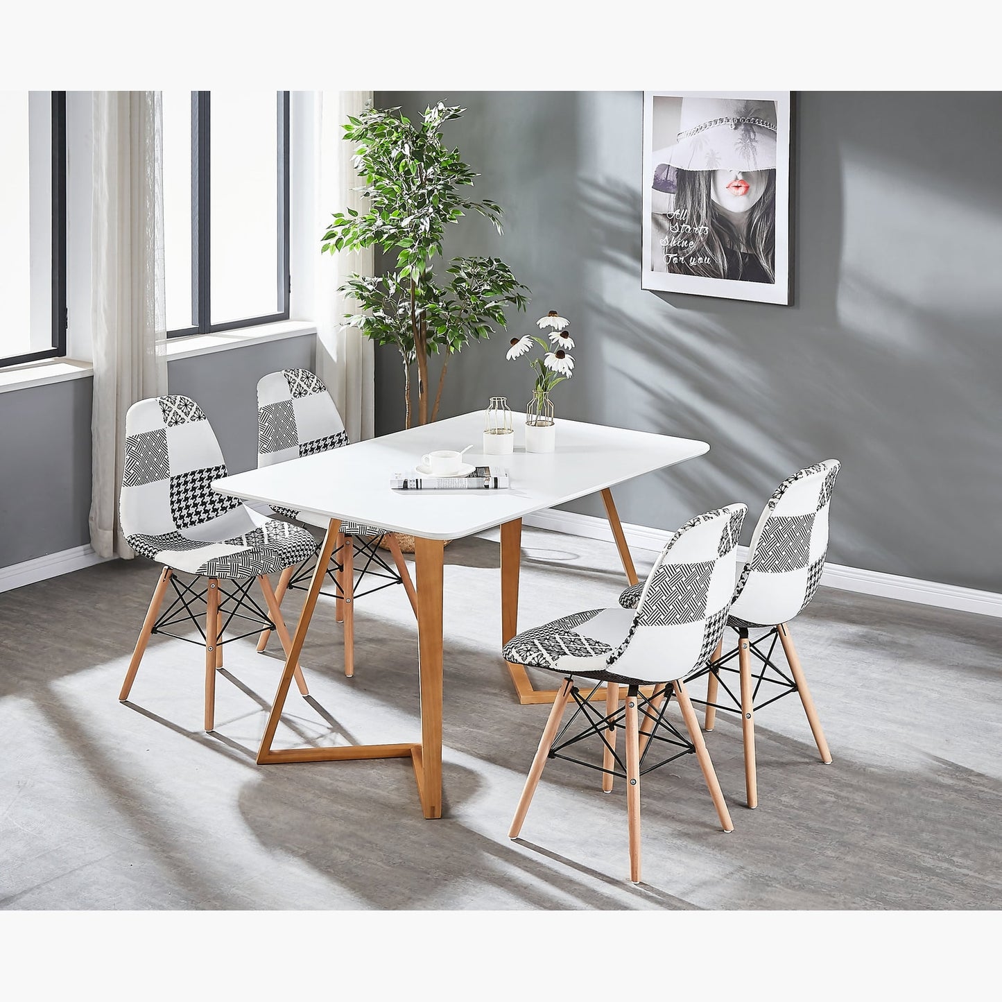 Black/White Patchwork Modern Dining Chair with Wooden Legs & Black Metal Wire Frame