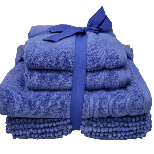Four Pack Chenille Bath Mat & Towel Bundle Ribbon Tied - Blue AK Kin Garden Supplies
