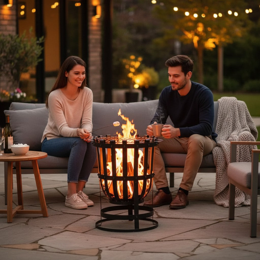 GARDEN FIRE BASKET BRAZIER 40 CM DIA C/W BBQ GRILL