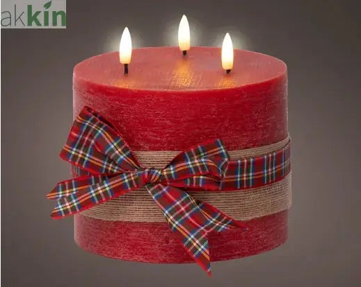 LED 3 Wick Candle Wax Check Bow Decoration Steady Light Indoor Decoration Red & Warm White - D.15cm H.15cm AK Kin Garden Supplies