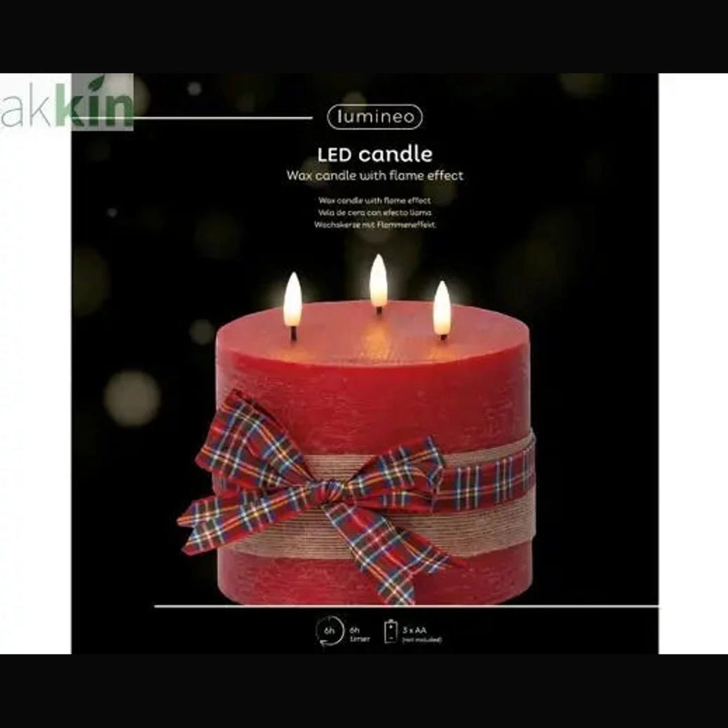 LED 3 Wick Candle Wax Check Bow Decoration Steady Light Indoor Decoration Red & Warm White - D.15cm H.15cm AK Kin Garden Supplies
