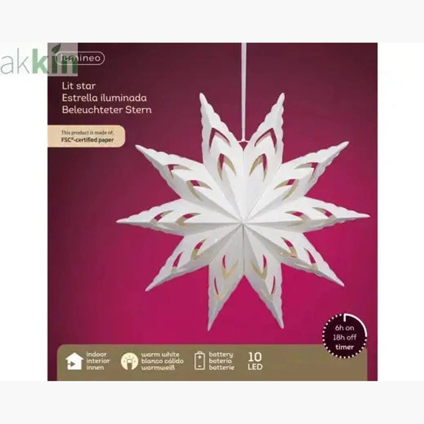 LED 38cm 10 Point Star Velvet Finish Paper Steady Indoor Hanging Light Decoration - White / Warm Light AK Kin Garden Supplies