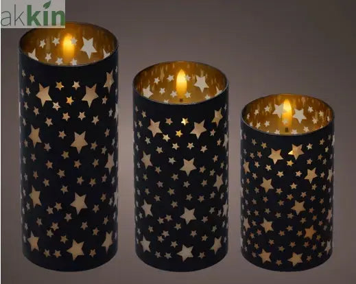 LED Black Wick Candle Glass Cylinder Star Design Steady Indoor Decoration AK Kin Garden Supplies