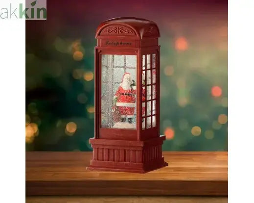 LED Water Spinner Snow Globe Plastic Telephone Booth Indoor Christmas Decoration L.11cm W.11cm H.25cm AK Kin Garden Supplies