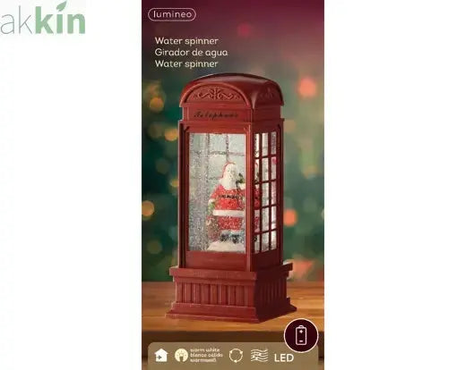 LED Water Spinner Snow Globe Plastic Telephone Booth Indoor Christmas Decoration L.11cm W.11cm H.25cm AK Kin Garden Supplies