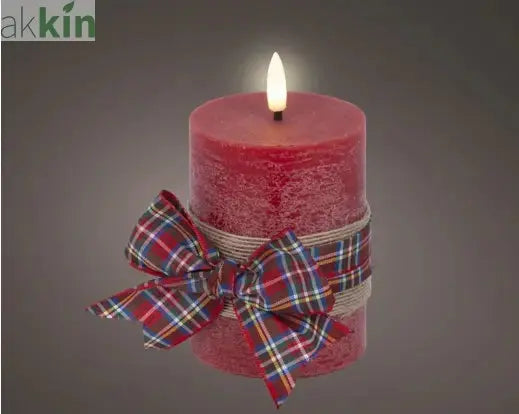 LED Wick Candle Wax Check Bow Decoration Steady Light Indoor Decoration Red & Warm White - D.7.5cm H.13cm AK Kin Garden Supplies