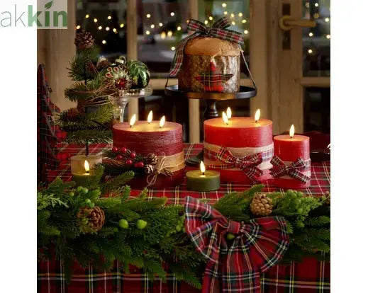 LED Wick Candle Wax Check Bow Decoration Steady Light Indoor Decoration Red & Warm White - D.7.5cm H.13cm AK Kin Garden Supplies