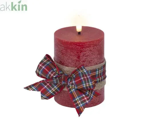 LED Wick Candle Wax Check Bow Decoration Steady Light Indoor Decoration Red & Warm White - D.7.5cm H.13cm AK Kin Garden Supplies