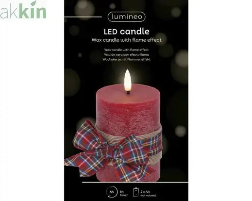 LED Wick Candle Wax Check Bow Decoration Steady Light Indoor Decoration Red & Warm White - D.7.5cm H.13cm AK Kin Garden Supplies