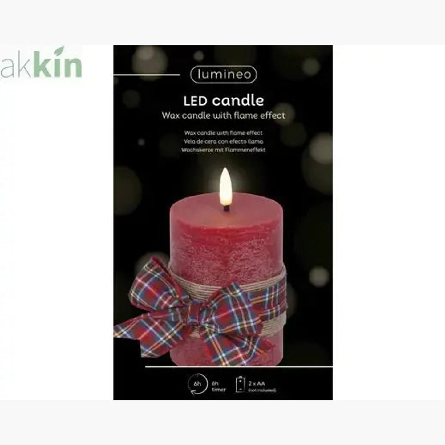 LED Wick Candle Wax Check Bow Decoration Steady Light Indoor Decoration Red & Warm White - D.7.5cm H.13cm AK Kin Garden Supplies