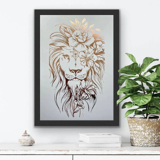 Lion Print Foil Print White/Rose Gold Wall Art A4 AK Kin Garden Supplies