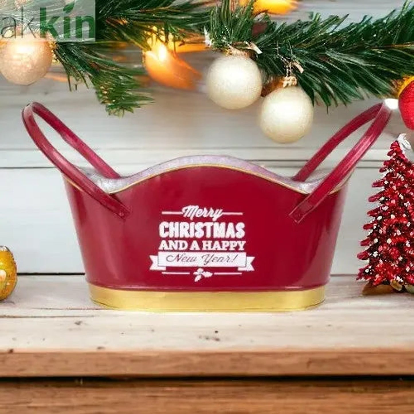 Merry Christmas & HNY Metal Tin Trug / Hamper AK Kin Garden Supplies