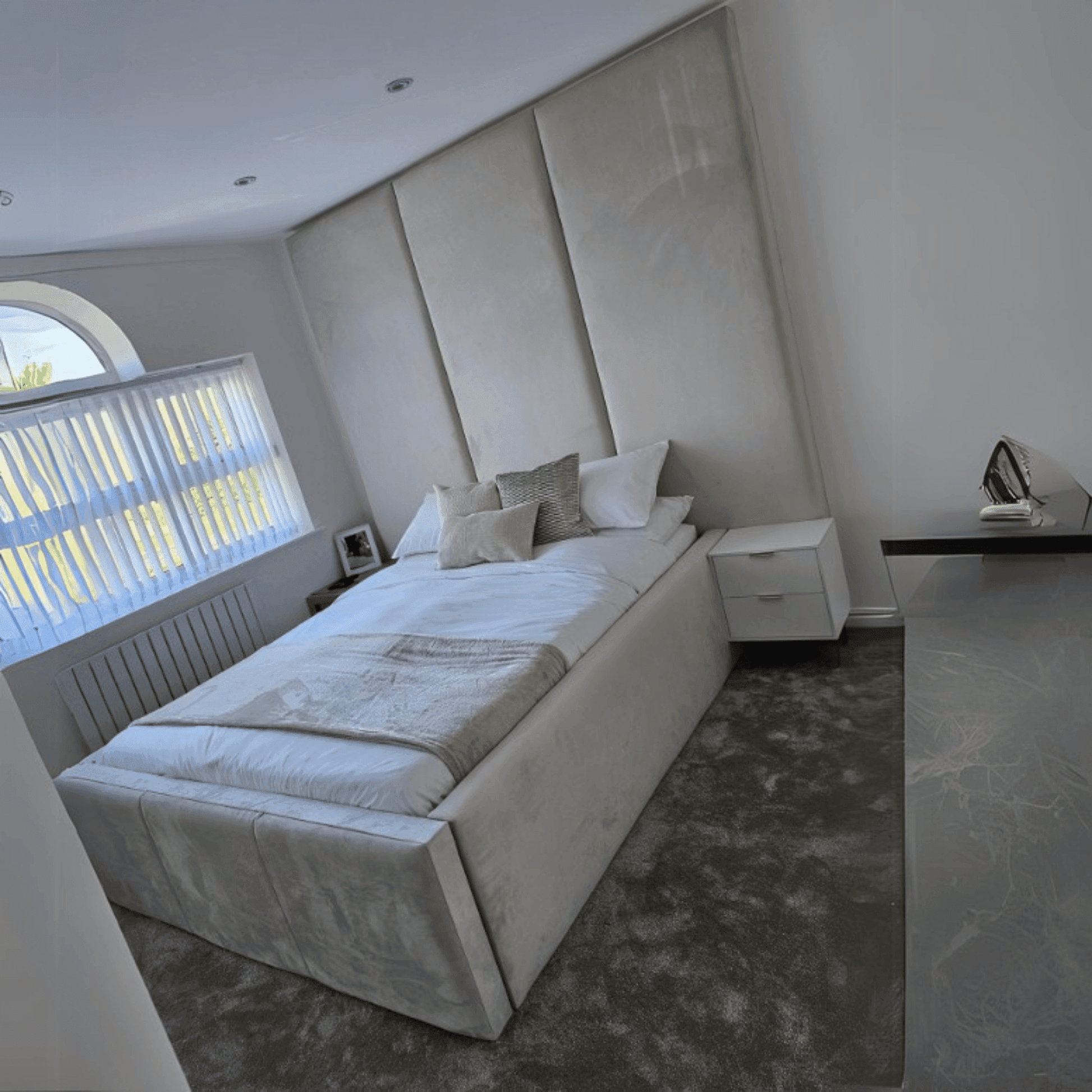 Bespoke Wall Panel Bed Frame with Luxurious Floor-to-Ceiling Headboard β Upholstered Elegance~ UkBedsDirect UK Beds Direct ltd