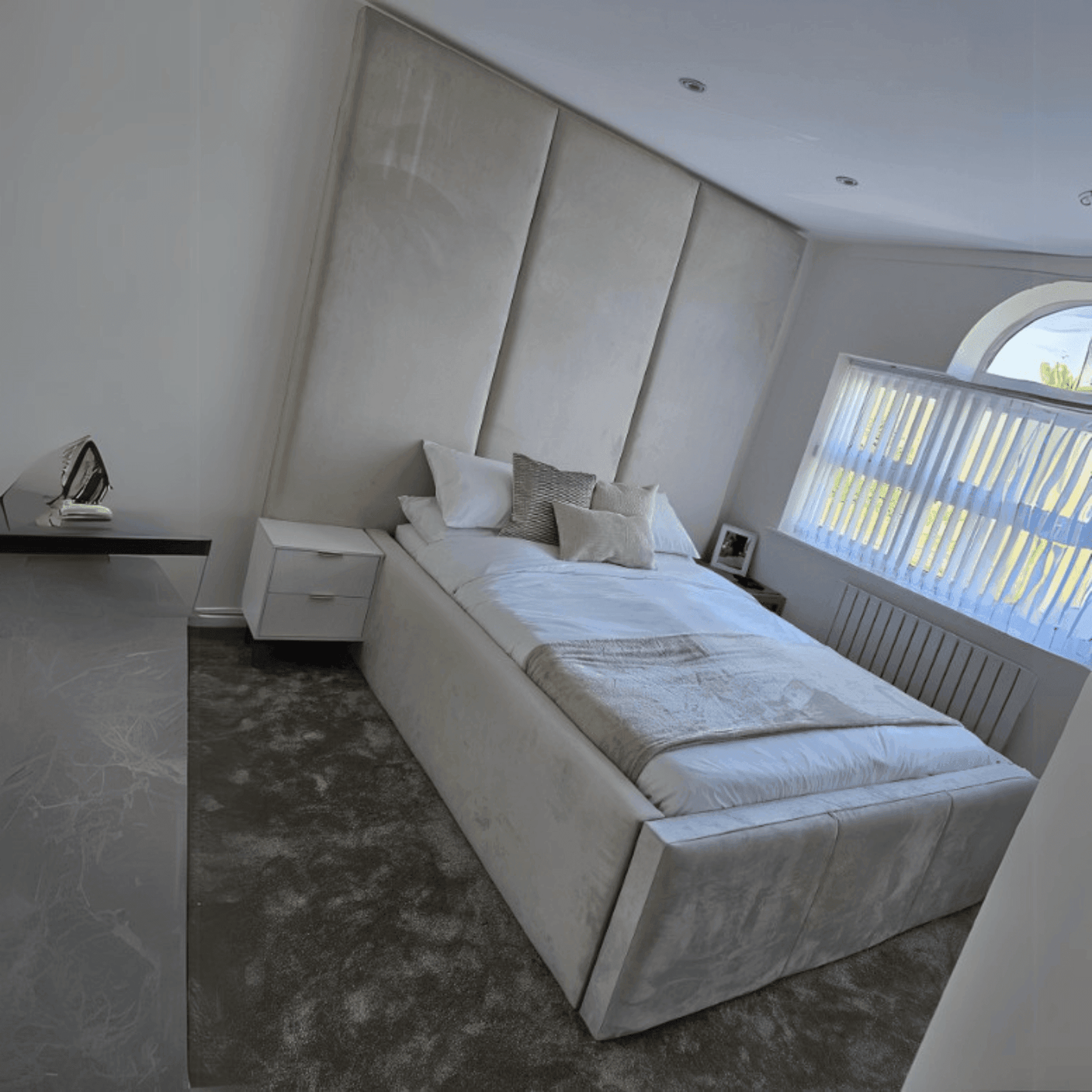 Bespoke Wall Panel Bed Frame with Luxurious Floor-to-Ceiling Headboard β Upholstered Elegance~ UkBedsDirect UK Beds Direct ltd