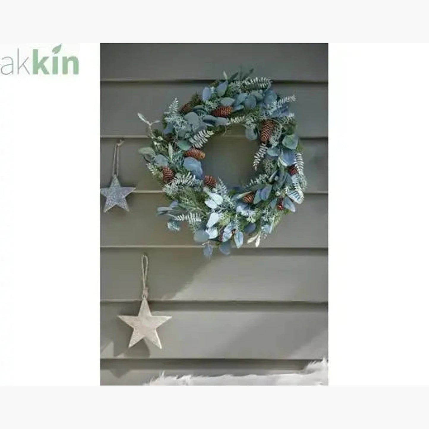 Modern Christmas Wreath Silver Leaves and Pinecones - Large 40cm AK Kin Garden Supplies