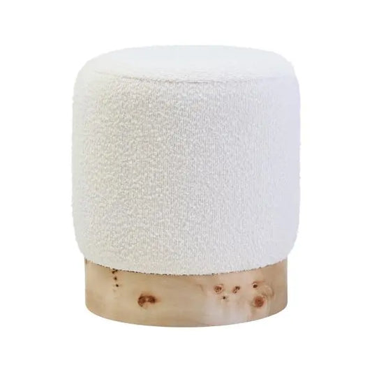 Mota Burl Wood And Cream Boucle Round Stool 36cm x 43cm AK Kin Garden Supplies