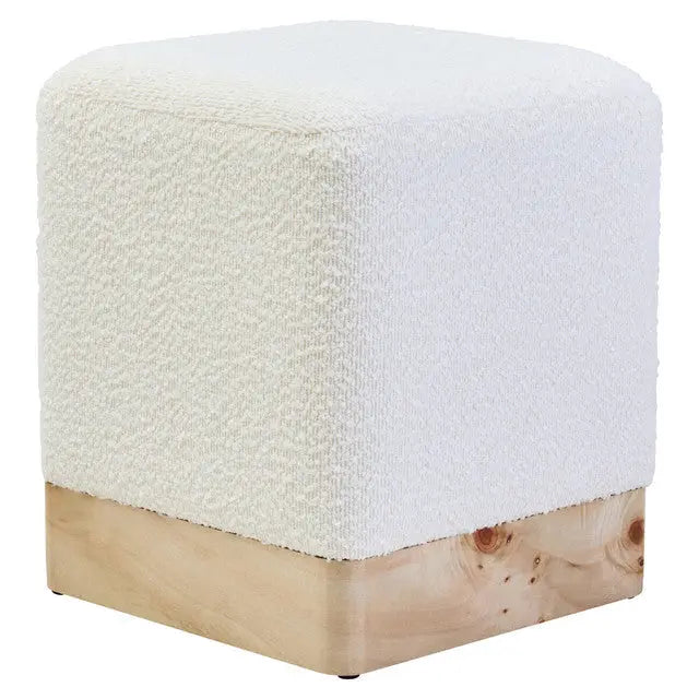 Mota Burl Wood And Cream Boucle Sqaure Stool 36cm x 43cm AK Kin Garden Supplies