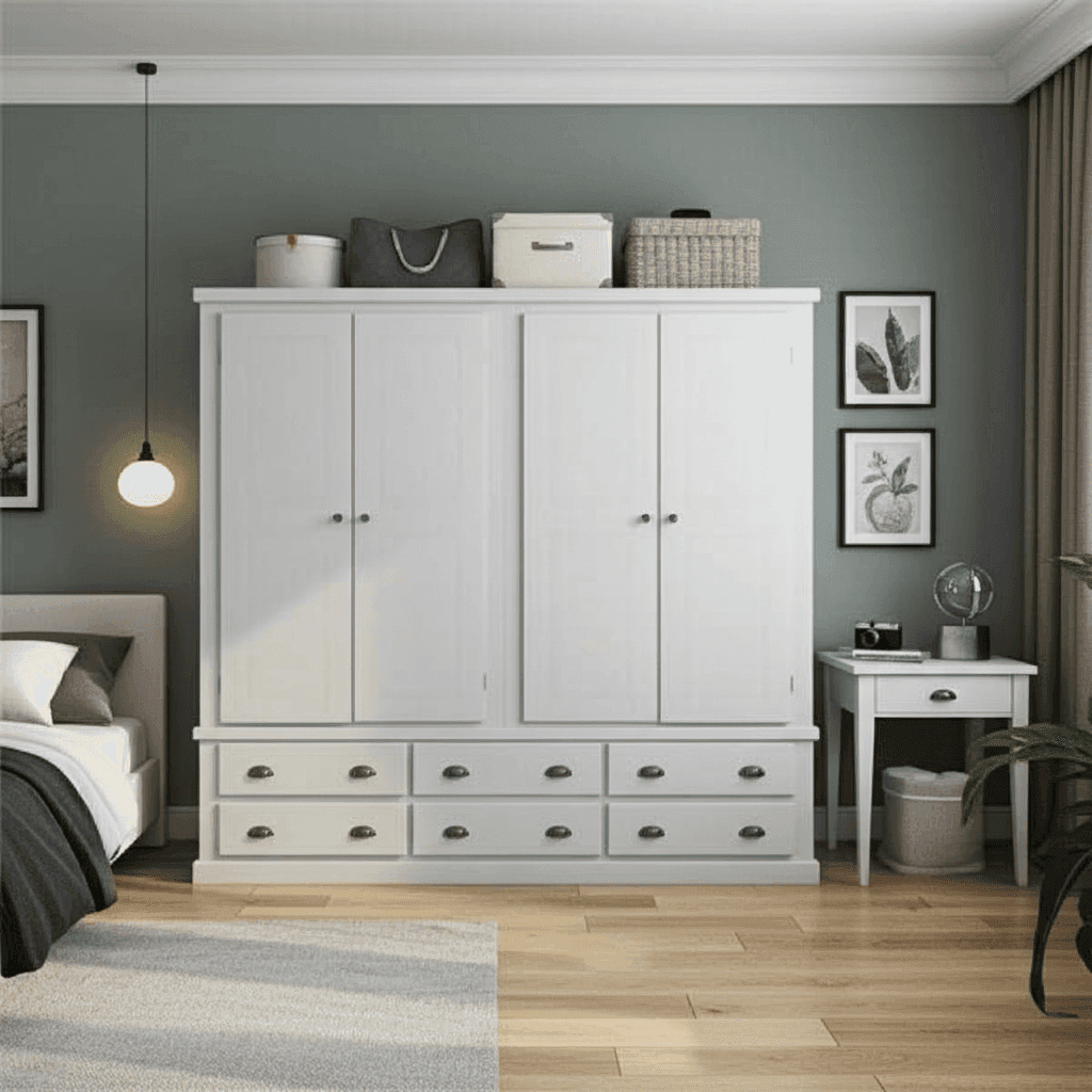 Pine Wooden Wardrobe 6 Drawers 4 Doors – Solid FSC-Certified Wood, Available in White, Grey & Dark Grey UK Beds Direct ltd