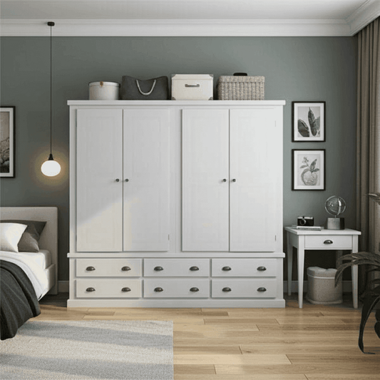 Pine Wooden Wardrobe 6 Drawers 4 Doors – Solid FSC-Certified Wood, Available in White, Grey & Dark Grey UK Beds Direct ltd