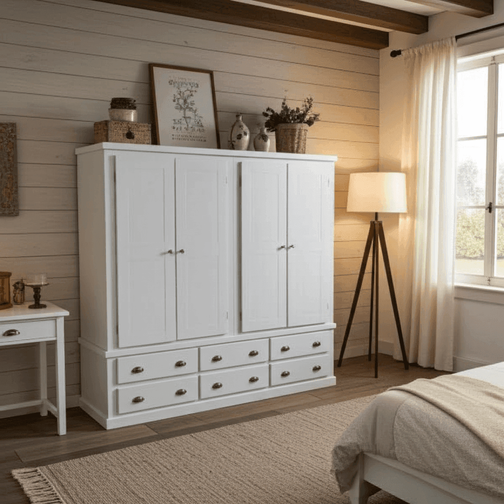 Pine Wooden Wardrobe 6 Drawers 4 Doors – Solid FSC-Certified Wood, Available in White, Grey & Dark Grey UK Beds Direct ltd