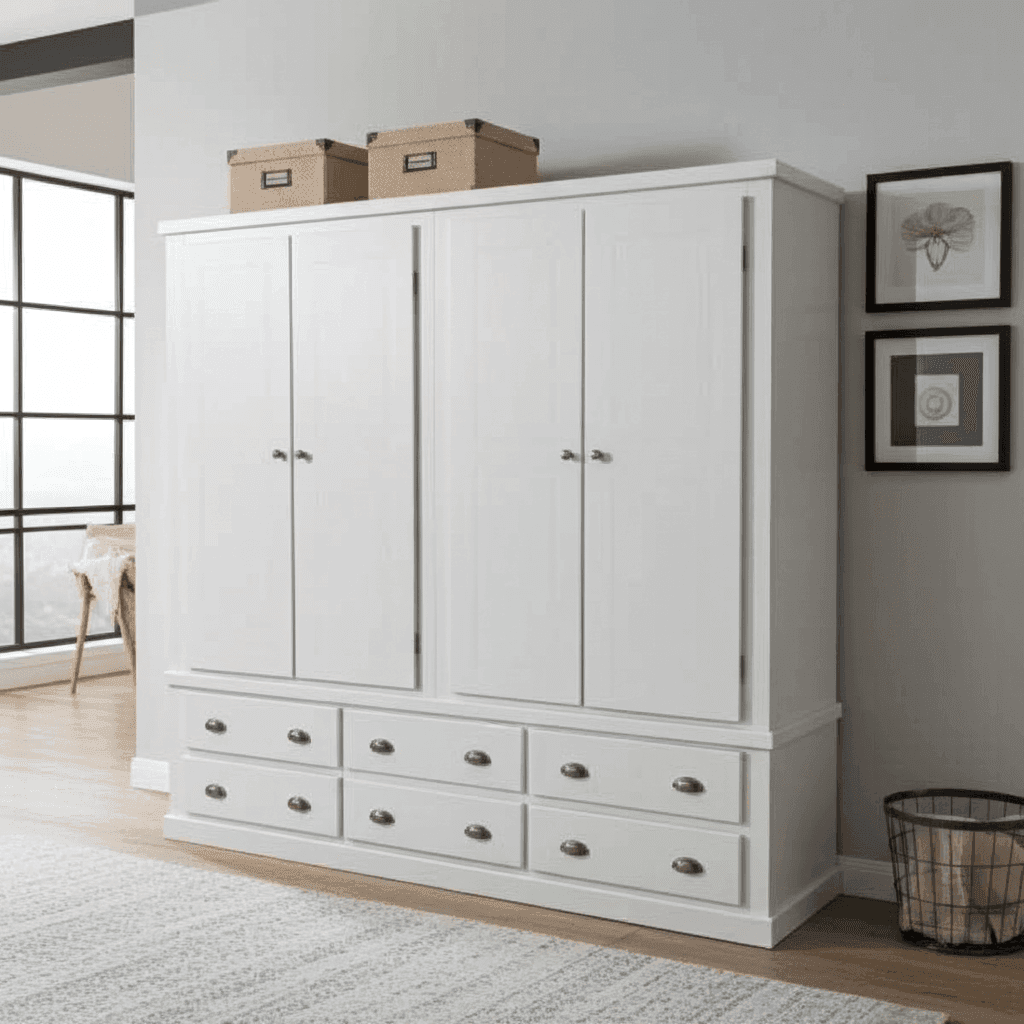 Pine Wooden Wardrobe 6 Drawers 4 Doors – Solid FSC-Certified Wood, Available in White, Grey & Dark Grey UK Beds Direct ltd