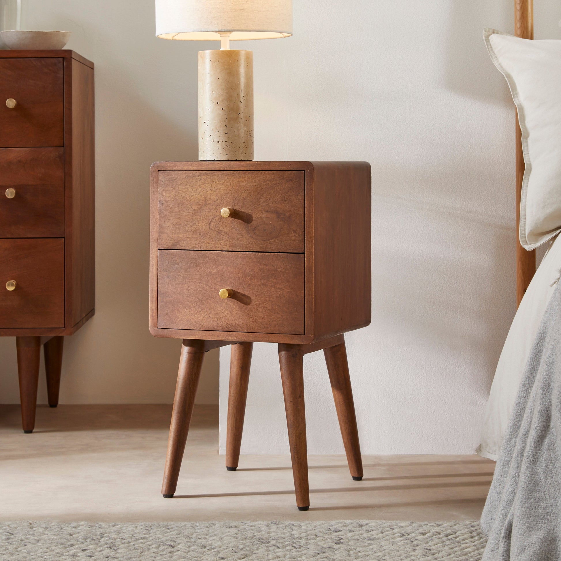 Scandinavian Walnut Logan Narrow Bedside Table Fishe and Lilly