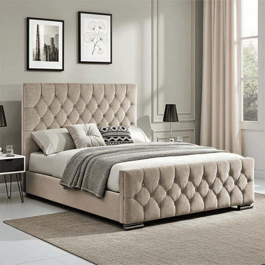 The Oulton Bed Frame: Hand-Tufted UK Design UK Beds Direct ltd