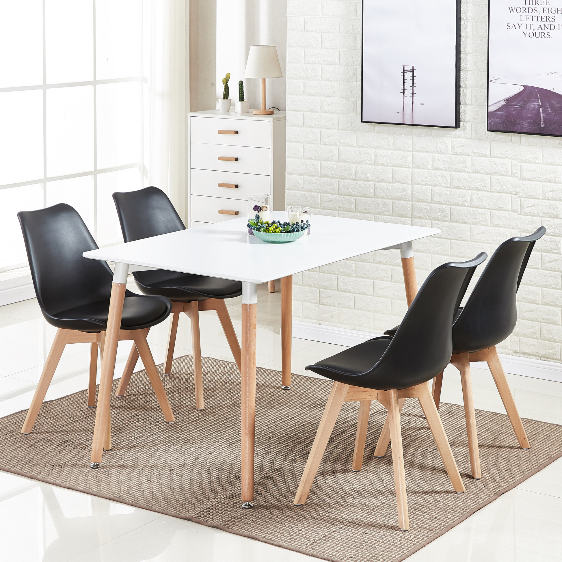 5PCs Dining Set - a White Halo Dining Table & Set of 4 Lorenzo Tulip Dining Chairs with Padded Seat PN Home
