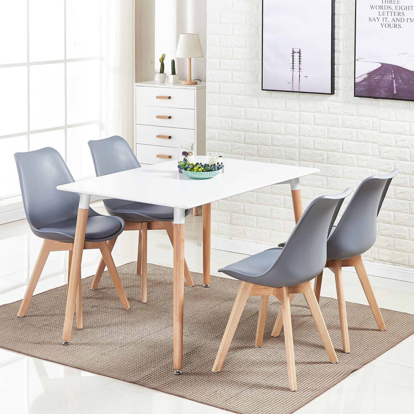 5PCs Dining Set - a White Halo Dining Table & Set of 4 Lorenzo Tulip Dining Chairs with Padded Seat PN Home