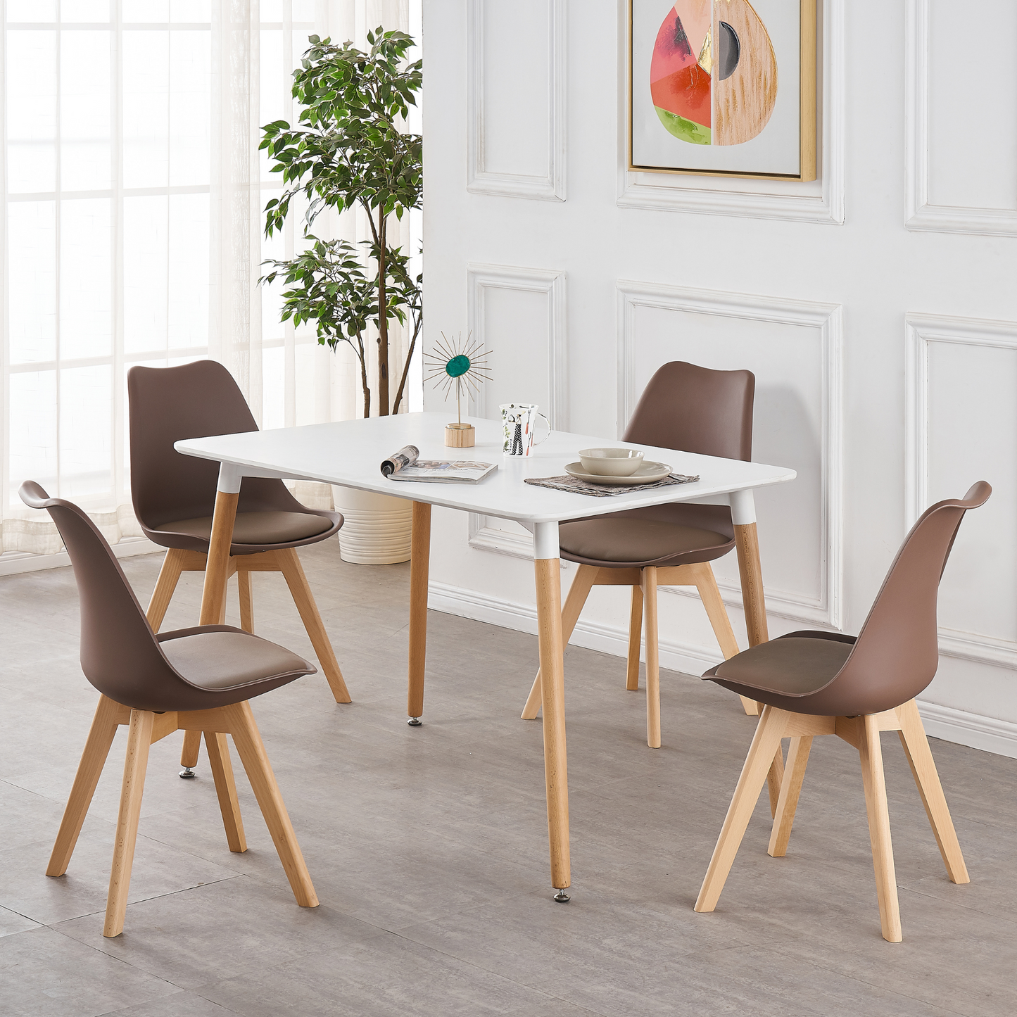 5PCs Dining Set - a White Halo Dining Table & Set of 4 Lorenzo Tulip Dining Chairs with Padded Seat PN Home