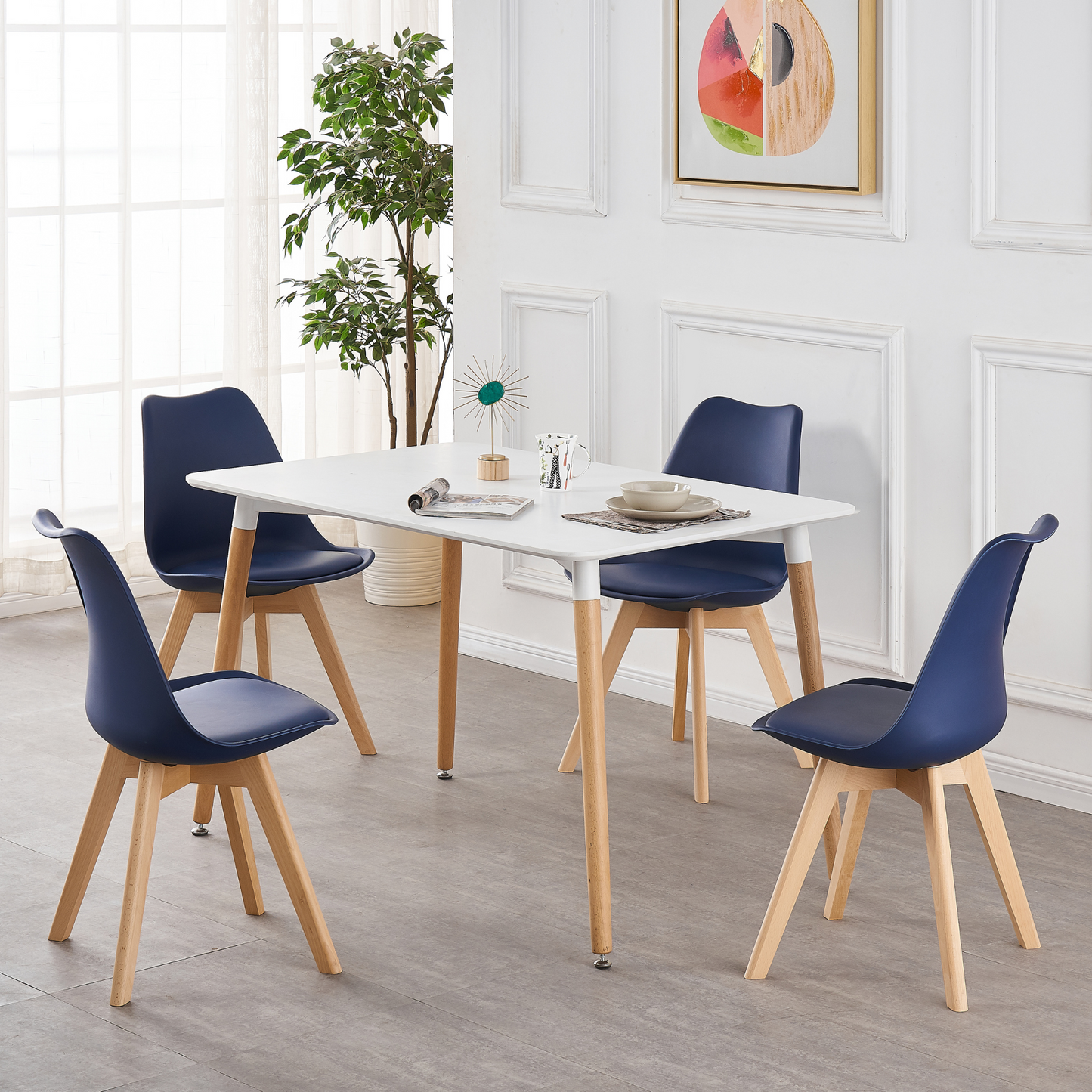 5PCs Dining Set - a White Halo Dining Table & Set of 4 Lorenzo Tulip Dining Chairs with Padded Seat PN Home