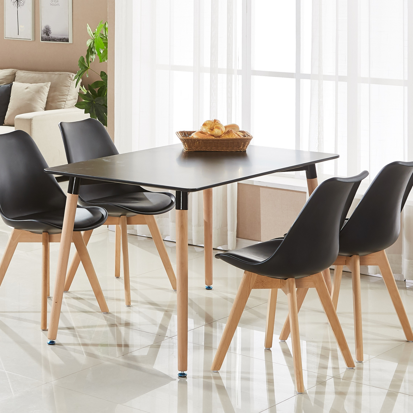5PCs Dining Set - a Black Halo Dining Table & Set of 4 Lorenzo Tulip chairs with Padded Seat PN Home