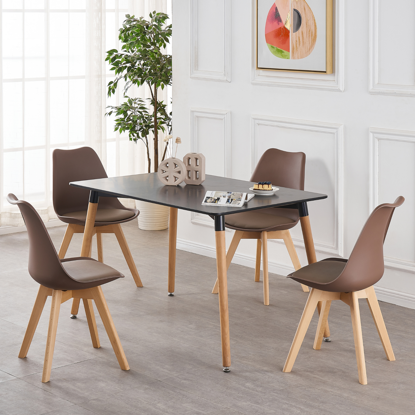 5PCs Dining Set - a Black Halo Dining Table & Set of 4 Lorenzo Tulip chairs with Padded Seat PN Home