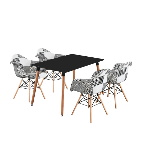 5PCs Dining Set - a Black Halo Dining Table & Set of 4 Black/White Patchwork Accent Chairs PN Home