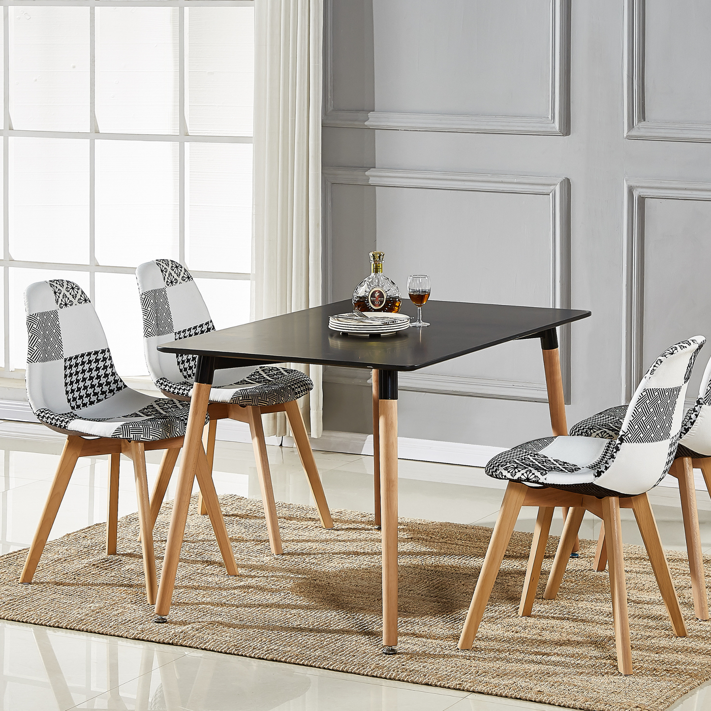 5PCs Dining Set - a Halo Dining Table & Set of 4 Black/White Tulip Patchwork Accent Chairs PN Home