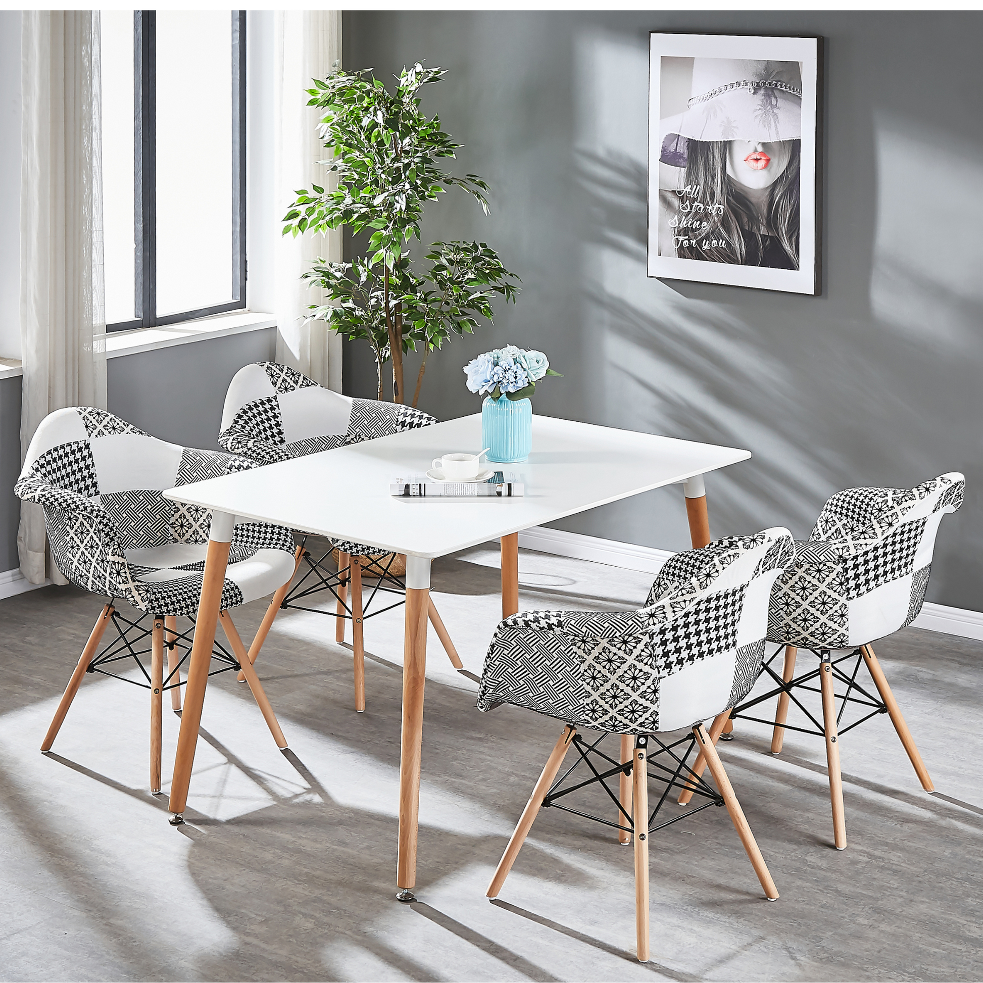 5PCs Dining Set - a White Halo Dining Table & Set of 4 Black/White Patchwork Accent Chairs PN Home