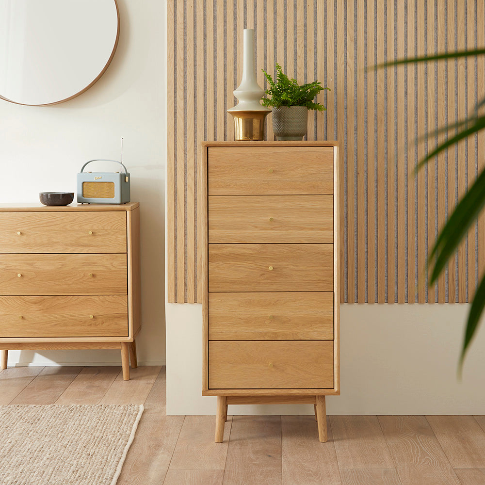 Wright Oak Tallboy Chest of 5 Drawers Fishe and Lilly