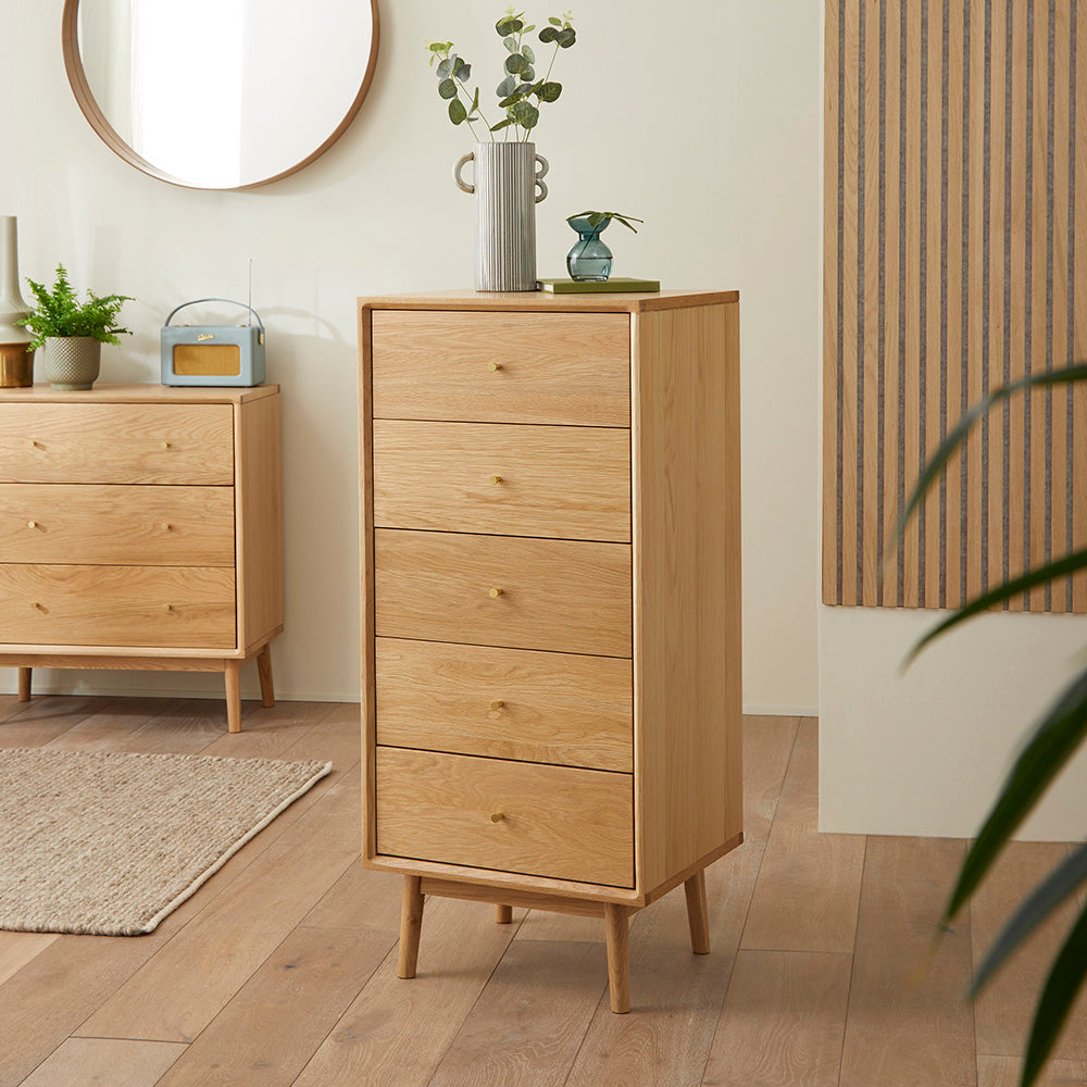 Wright Oak Tallboy Chest of 5 Drawers Fishe and Lilly