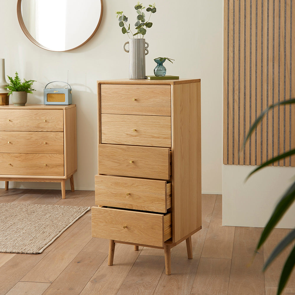 Wright Oak Tallboy Chest of 5 Drawers Fishe and Lilly