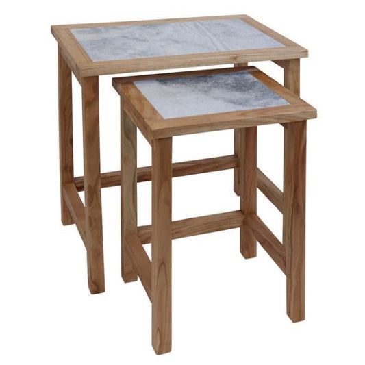 Womad Large Set Of 2 Wooden Side Tables With White Marble Tops House, Home & Garden