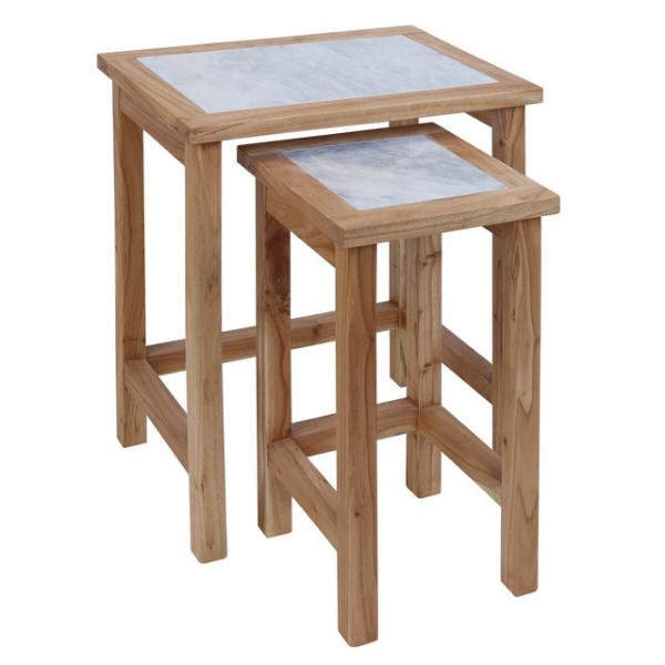 Womad Small Set Of 2 Wooden Side Tables With White Marble Tops House, Home & Garden